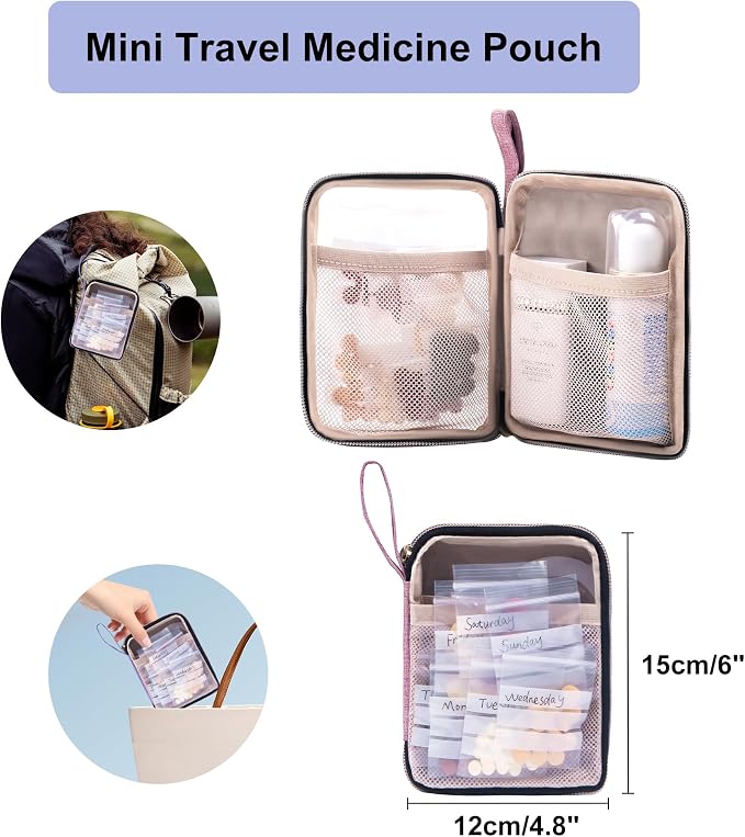 Lexeeco Travel Medicine Pill Bottle Organizer Bag with Portable Small Pouch | Medication Case with Lockable Zipper for Pill,Vitamin,Medicine Storage Box for College Dorm Student,Home,First Aid Bag Empty