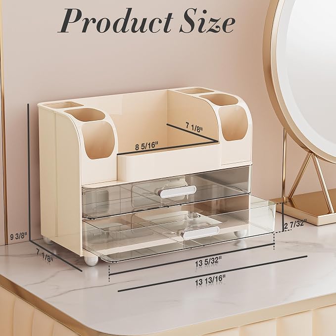 Delamu Large Makeup Organizer Countertop with 6 Brush Holders, Cream White