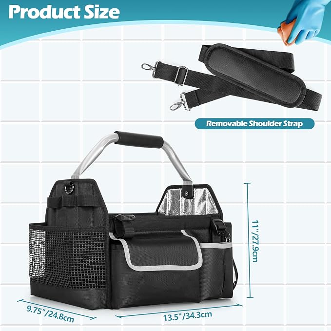 HODRANT Wearable Cleaning Caddy Organizer with Divider & Support Pad | Cleaning Supplies Bag with Handle & Detachable Shoulder Strap, Housekeeping Storage Box with Multi Pockets, Bag Only