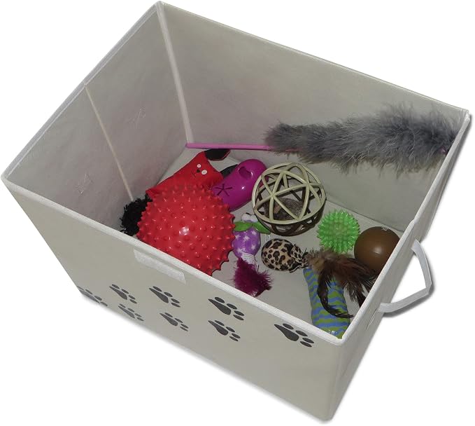 Large Dog Toys Storage Box. 16" x 12" inch Pet Toy Storage Basket with Lid. Perfect Collapsible Canvas Bin for Cat Toys and Accessories Too! (Tan)