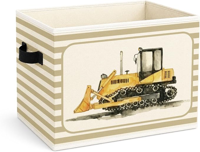 Bulldozer Storage Bin, Construction Truck Beige Stripe Fabric Basket | Foldable construction truck fabric organizer for nursery, bedroom, playroom, toys, books, and clothes