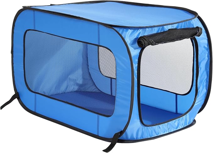 Portable Collapsible Pop Up Kennel, 32.5"L x 19.5"W x 19.5"H, Blue | Collapsible indoor/outdoor travel cat and dog crate with mesh screen windows pops up and folds flat for easy storage