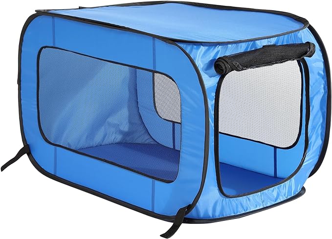 Portable Collapsible Pop Up Kennel, 24"L x 16.6"W x 16"H, Blue | Collapsible indoor/outdoor travel cat and dog crate with mesh screen windows pops up and folds flat for easy storage