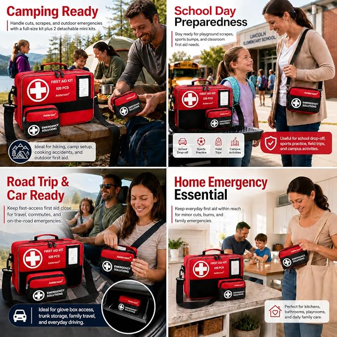 520 Premium Piece Large First Aid Kit – Emergency Survival Kit for Car, Home, Camping, and Travel – Compact Medical Kit for Roadside Emergencies, Outdoor Adventures, and Everyday Safety