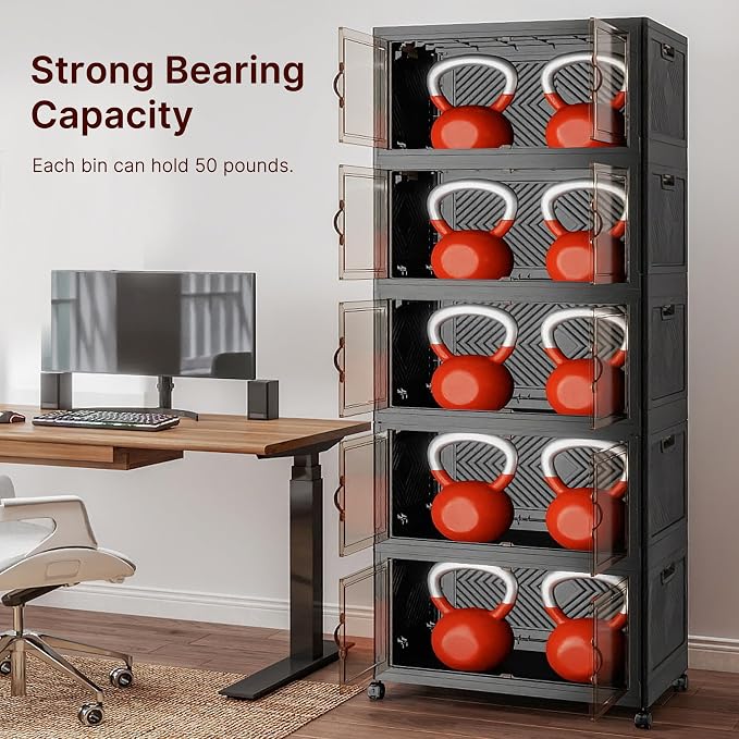 Stackable Storage Bins with Lids, 550QT Lockable Storage Cabinet | Closet Organizers, Foldable Storage Box with Doors and Wheels, Plastic Drawers for Home, Garage, Office (5, Black, Plus)