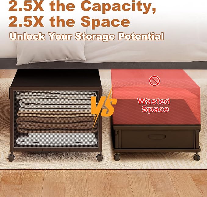 Fokyfok 2Pack Under Bed Storage Containers,14 inch Height,31 inch Long | Under Bed Shoe Storage,Underbed Storage with Wheels,Large Rolling under bed Clothes Storage Drawers,Lid,Dorm Tall,Black
