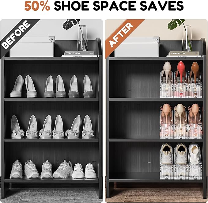 Shoe Stacker, Shoe Slot Organizer for Closet, Shoe Storage Rack | 20 Pack, Clear, 50% Space Saver, 3 Adjustable Height, Tool-Free Assembly, 30% Thicker, Superior Load Bearing