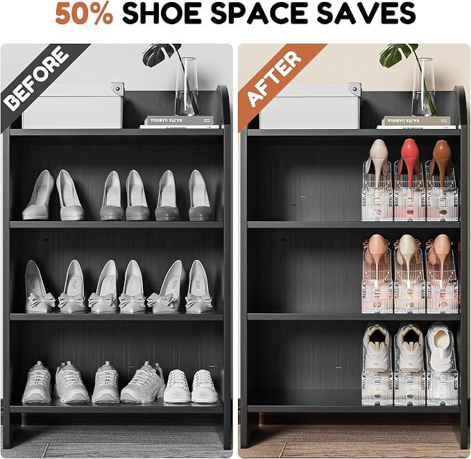 Shoe Stacker, Shoe Slot Organizer for Closet, Shoe Storage Rack | 12 Pack, Clear, 50% Space Saver, 3 Adjustable Height, Tool-Free Assembly, 30% Thicker, Superior Load Bearing