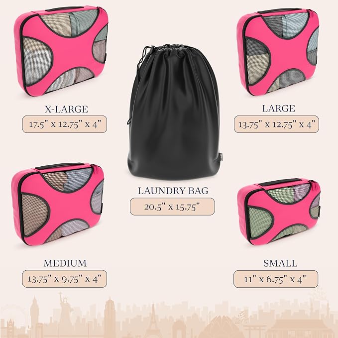 Shacke 5 Set Packing Cubes for Travel with Laundry Bag (Precious Pink) | Suitcase Organizer Bags Set: 4 Water-Resistant Luggage Cubes, XL to Small, + Laundry Bag for Carry-On or Checked
