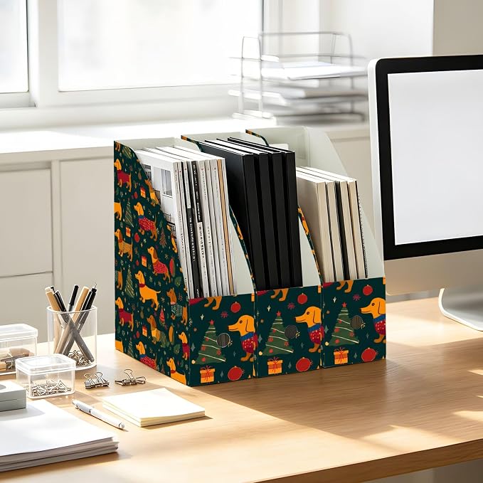 Christmas Dog Dachshund Pet 3-Pack Decorative Magazine File Holder Foldable Desk Book Bins Binder Organizer with Blank Labels for Office Classroom Bookshelf Document Paper Storage