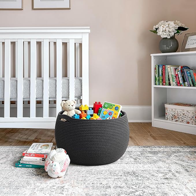 Goodpick Large Toy Storage Basket for Kids, Round, 15.7" x 10.5", Black | Woven Rope Basket with Handles, Holds Blankets, Toys & Baby Shower, Decorative Basket for Living Room & Bedroom Décor