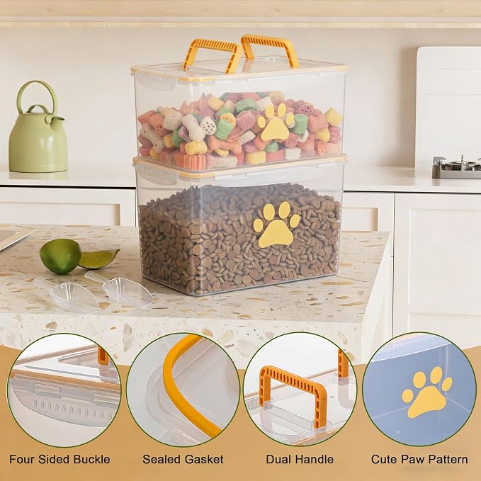 2-Piece Dog Food Container with Handle,20lb Airtight Pet Food Storage Bin for Dogs Cats, Large Capacity Kibble Container for Kitchen Counter,Stackable and Keep Food Fresh Crispy-BPA free