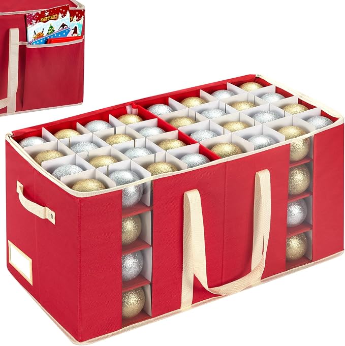 Christmas Ornament Storage Box with Adjustable Dividers, Large Holiday Ornaments Storage Container Bin with Zippered Top for Xmas Decorations (128-3" Balls, Red, Without Tray)