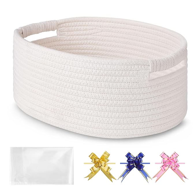 Small Woven Gift Basket with Bag & Ribbons, White | Cotton Rope, 13”x 9”x 5.5”, Fits for Kids, Women & Men, Bedroom, Living Room, Nursery & Bathroom Storage, Cat & Dog Toy Boxes