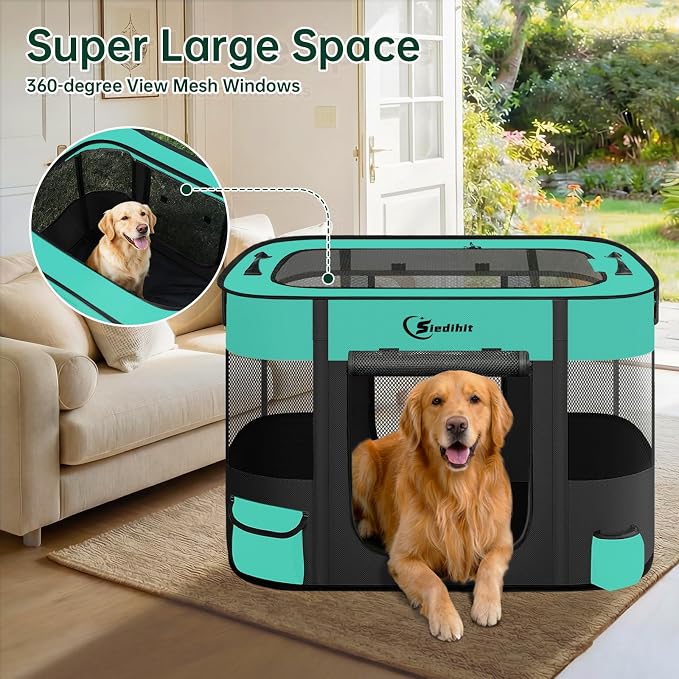 Siedihit 35" Dog Playpen,Cat Puppy Pen, Pet Portable Crate Indoor Outdoor | Durable Travel Camping Use,Foldable Dog Kennel Tent Cage for Rabbit Small Animals with Carrying Case (Green, Large)