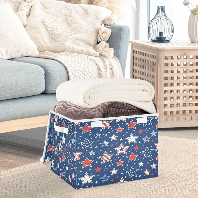 July 4th Patriotic Storage Bins with Lids Large Stars and Stripes Storage Basket with Handles Foldable Fabric Storage Box Organizer for Clothes Closet Cabinet Home Office Bedroom