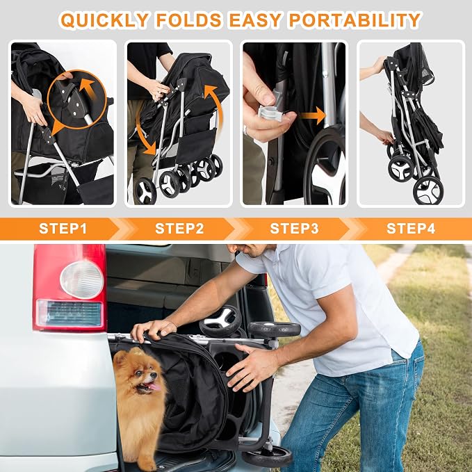 4 Wheels Pet Stroller Dog Cat Stroller for Small Medium Dog Cats Foldable Carrier Jogger Travel Puppy with Storage Basket and Cup Holder (Black)