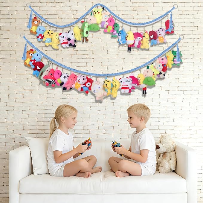 2PCS Stuffed Animals Storage Chain Organizers 80" Cotton Hanging Storage Chain with 2Pcs Led Light 40 Metal Clips Stuffed Animal Display Holder Chain for Nursery Play Room (Blue)