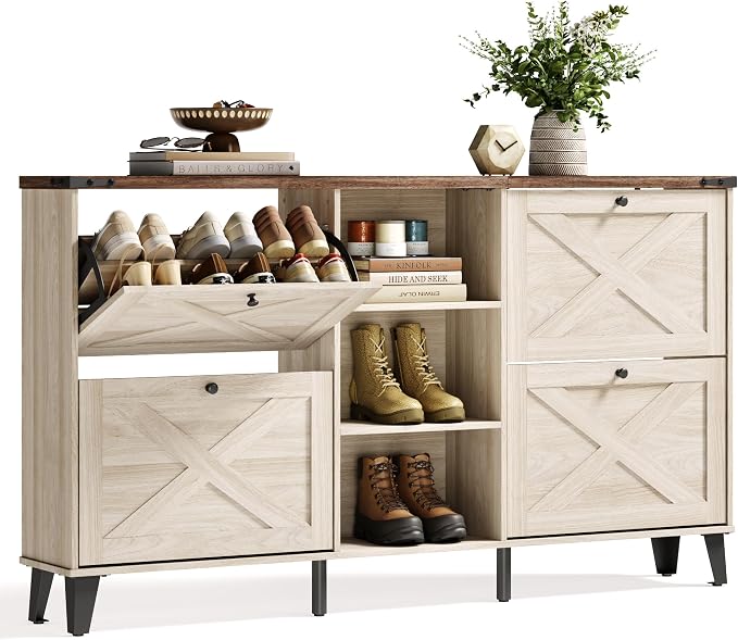 LINSY 63" Farmhouse Shoe Storage Cabinet Washed White | Tall Flip-Drawer Shoe Rack for Entryway, Adjustable Shelves for Boots, Heels & Sneakers Wood Finish with Sturdy Metal Legs