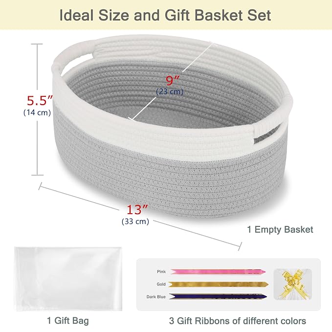 Small Woven Gift Basket with Bag & Ribbons, Cool Gray | Cotton Rope, 13”x 9”x 5.5”, Fits for Kids, Women & Men, Bedroom, Living Room, Nursery & Bathroom Storage, Cat & Dog Toy Boxes