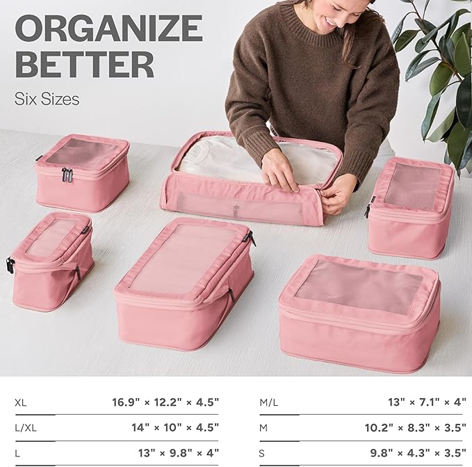 Compression Packing Cubes for Travel, 6-Pack, Pink | Solves overpacking, 6-Piece set fits most suitcases, 50% Space savings, Compression luggage organizer bags