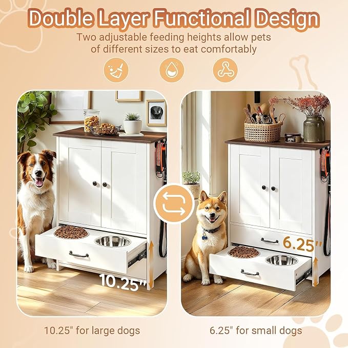Wooden Dog Feeding Station Cabinet with Pull-Out Feeder Drawer, 2 Stainless Steel Bowls, Large Storage Cabinet & 3 Leash Hooks, Pet Food Organizer for Home Living Room Kitchen