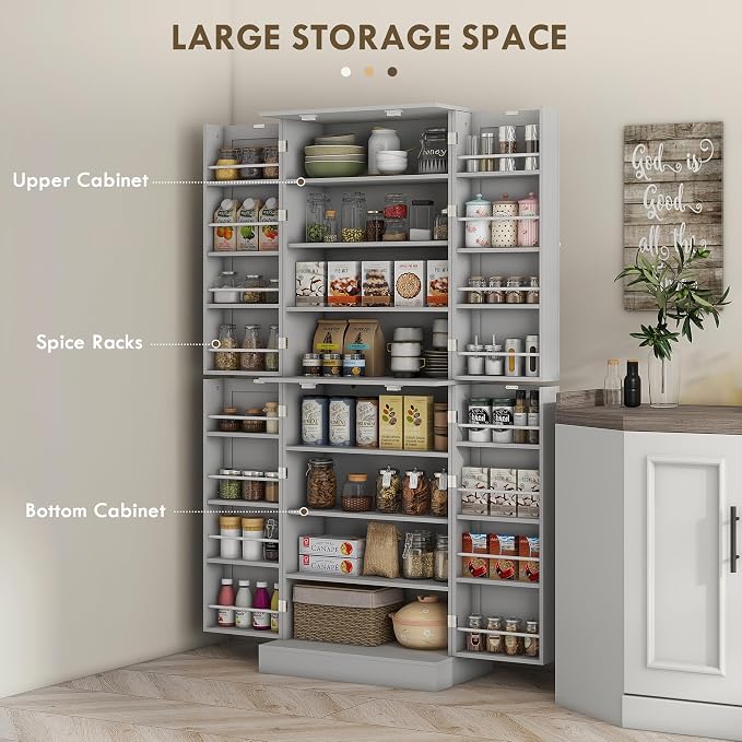 HOMCOM 65" Kitchen Pantry Storage Cabinet 16 Door Shelves Gray | Freestanding Kitchen Cabinet, 4 Doors, 8-Tier Shelving, Adjustable Shelves