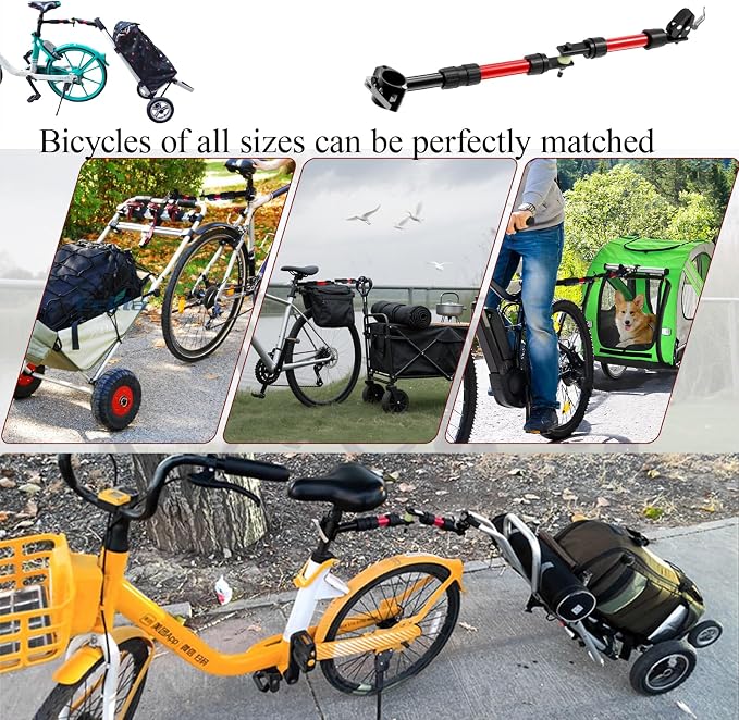 Bike Trailer Hitch for Wagon Camping Rolling Cart Collapsible Wagon with 360° Swivel Joint & Shock Absorber, Quick-Release Clamps for Folding Wagons, Pet Carts & Garden Trailers