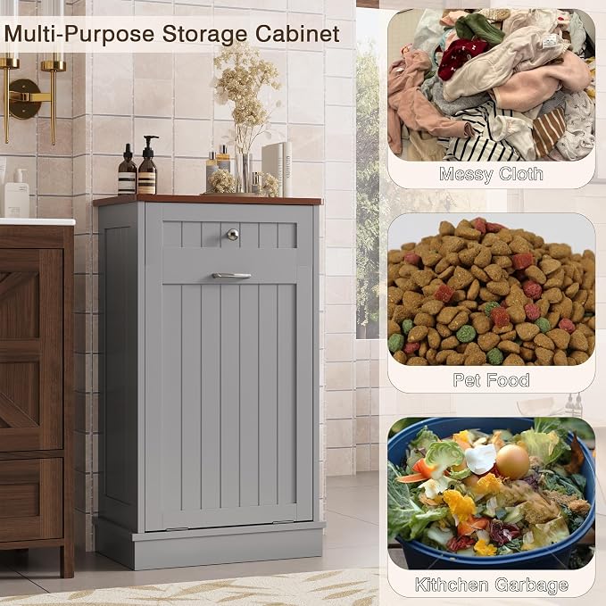 KIGOTY Tilt Out Trash Can Cabinet, Laundry Hamper Cabinet, Kitchen, Gray