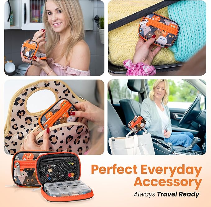 Made Easy Kit Pill Case for Everyday and Travel - 7-Day Weekly Medicine Supplement Vitamin Organizer Sorter Tracker - Neoprene Bag with Pockets - Compact Portable 8 Compartments (Orange Cat)