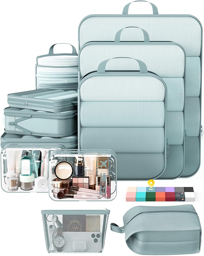 Veken 11 Set Compression Packing Cubes Garment Bags for Travel Essentials,Compressible Expandable Luggage Organizer Bags for Clothing,Space Saver Bags with Over 1000 pcs of Mesh Holes(Blue Gray)