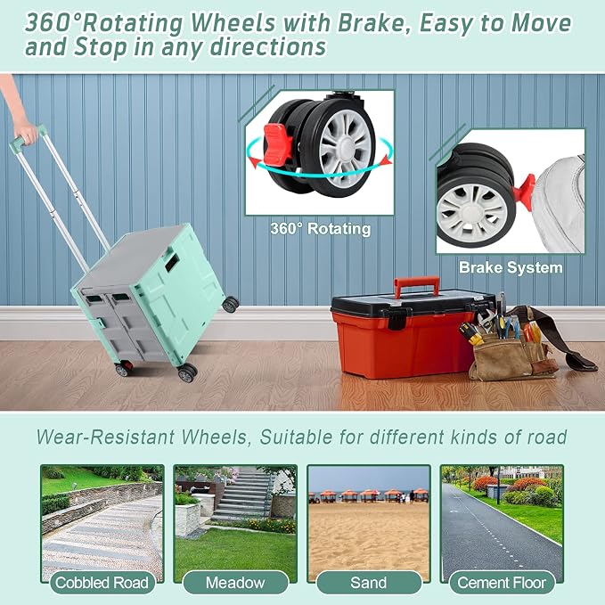 FELICON Folding Utility Cart Rolling Crate Handcart Basket Tote-Green+Gray | Collapsible Hidden Lid,Plastic Box,Telescoping Handle,4 Rotate Wheels for Travel Shop Move Grocery Laundry Office Teacher Use