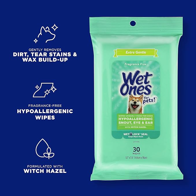 Wet Ones for Pets Extra Gentle Dog Wipes with Witch Hazel - Fragrance-Free, Hypoallergenic Pet Grooming Wipes for Snout, Eye, and Ear Areas, Sensitive Skin, 30 Count