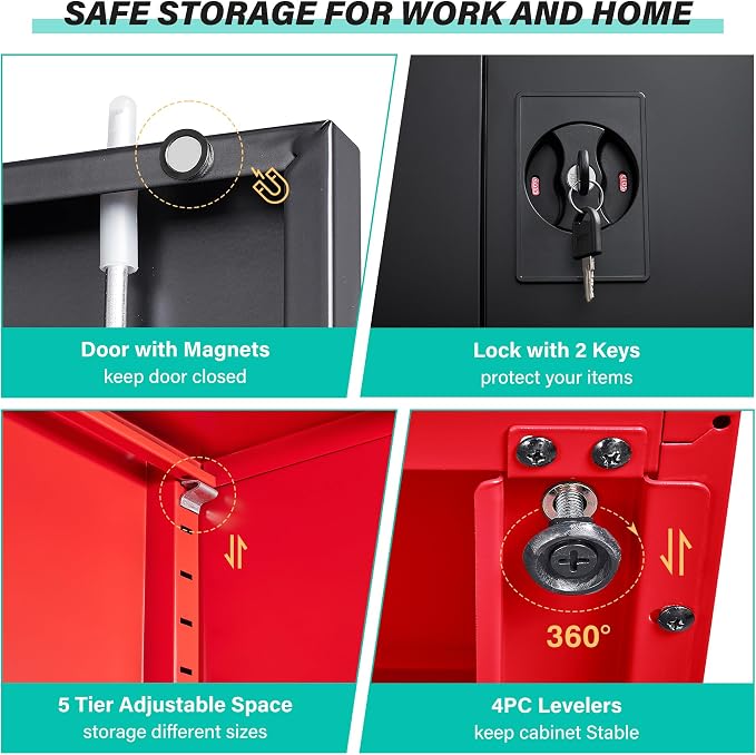 Red Metal Storage Cabinet with Locking Doors and Shelves,Garage Storage Cabinet with Lock,Steel Locker,Lockable Cabinets for Home,Office,Shop,Garage Cabinets