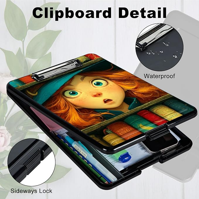 Heavy Duty Storage Clipboard, Slim Nursing Clipboard with Internal Pen Case, Portable File Organizer Case for A4 Letter Size Paper Office Medical Professionals, Colorful Book Girl