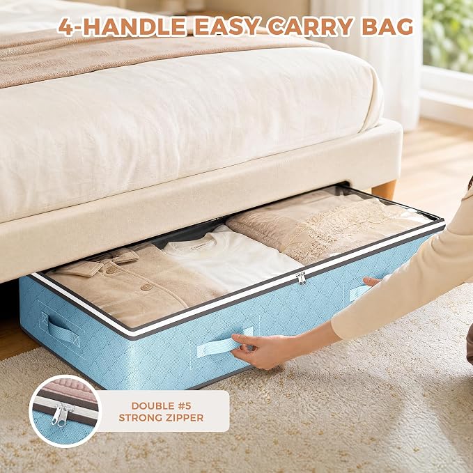 4 Pack Under bed Storage, Storage Bins with Clear Lids | Underbed Storage Bags for Blankets, Towels, Comforter, Sweaters, Linen Sheets, Wrapping Paper