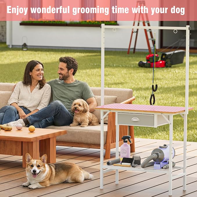 32-Inch Adjustable Dog Grooming Table with Drawer & Mesh Tray, Pet Grooming Table with Non-Slip Removable Washable Mat & EVA Protective Lanyard, Professional Grooming Table for Small Dog at Home（Pink