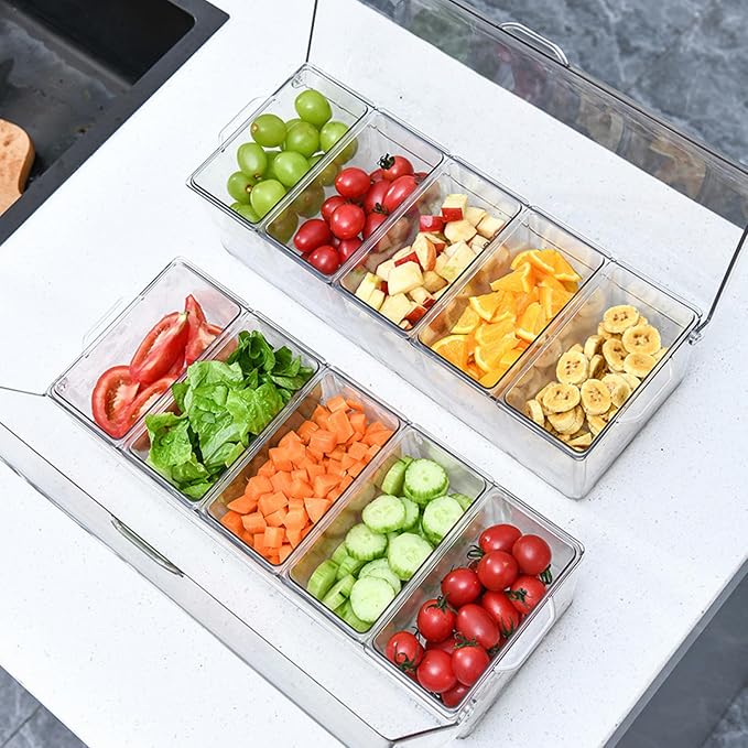 Chilled Condiment Server with Lid 5 Compartment Condiment Tray with Ice Chamber and Handle Food Grade PET Transparent Caddy for Bar Party, Tray with Ice Chamber