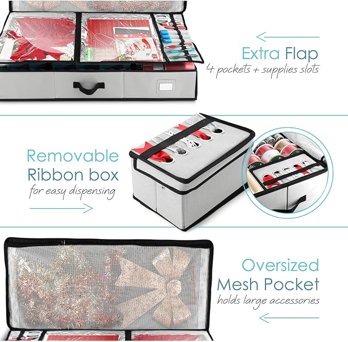 Hearth & Harbor Wrapping Paper Storage Container - Christmas Storage Bag with Ribbon Dispenser and Interior Pockets - Gift Wrap Organizer Fits Up to 26 Rolls of 40" Length, Silver