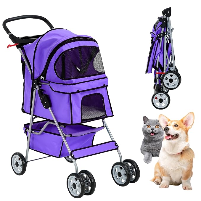Pet Stroller,4 Wheels Dog Stroller with Storage Basket,Compact Portable Folding Carrier for Travel,Camping,Dog Carrier for Small Medium Dogs Or Cats,Lightweight Waterproof Pet Stroller,Purple