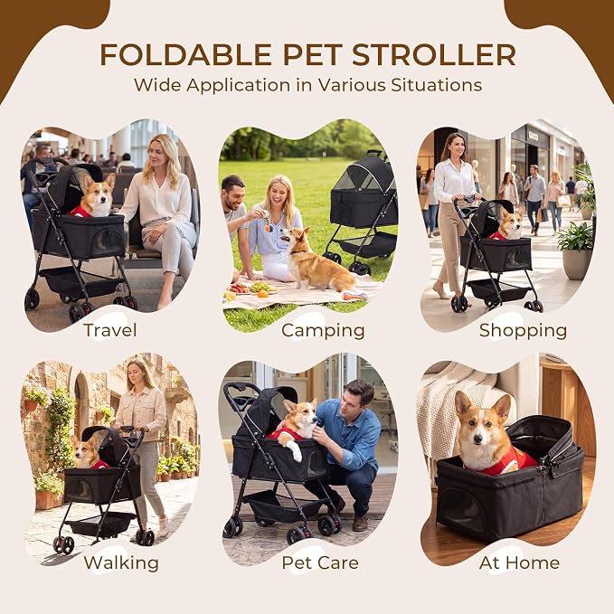 4-Wheel Pet Stroller for Small Medium Dogs Cats, One-Click Foldable | Portable Dog Stroller, Detachable Carrier, Cup Holder & Storage Basket, Safety Tether, Breathable Mesh, Up to 44lbs, Black