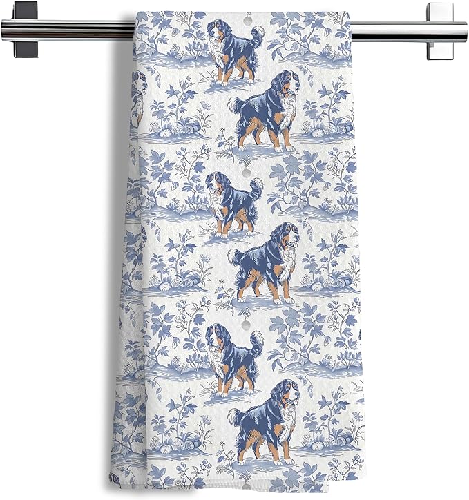 Chinoiserie Bernese Mountain Dog Kitchen Towels, Bernese Mountain Gifts, Grandmillennial Botanical Dog Hand Towels for Kitchen Bathroom, 16x24 Inch