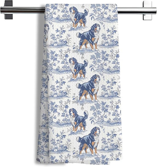 Chinoiserie Bernese Mountain Dog Kitchen Towels, Bernese Mountain Gifts, Grandmillennial Botanical Dog Hand Towels for Kitchen Bathroom, 16x24 Inch