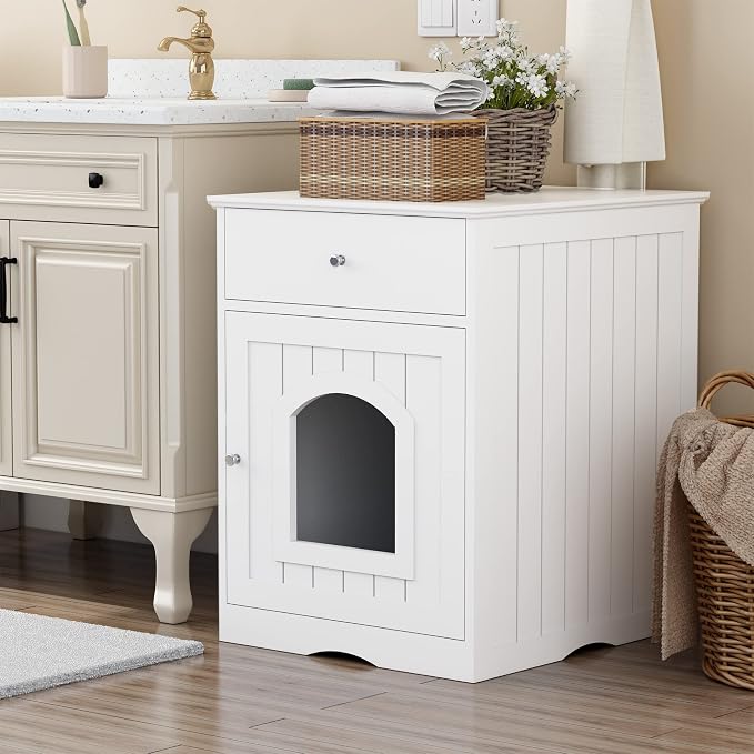 NicBex Cat Litter Box Enclosure with Drawer and Single Door Hidden Litter Box Furniture Pet Crate Covered Nightstand,Night Stand Cat House Indoor,White,18.9'' W
