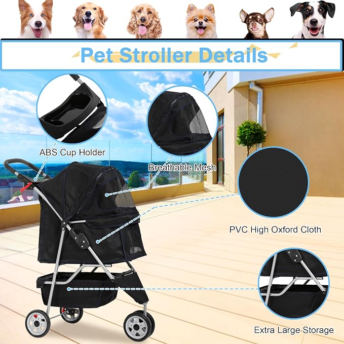 BLKMTY Folding Dog Stroller, 3 Wheels Pet Stroller, Foldable Cat Strollers Waterproof Travel Carrier Strolling Cart for Puppy Jogger with Cup Holder & Storage Basket, Black