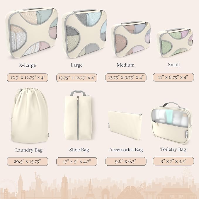Shacke 8 Set Packing Cubes for Travel, Shoe & Toiletry Bags (Sand) | Complete Suitcase Organizer Bags Set: 4 Luggage Packing Cubes + Laundry, Shoe, Toiletry & Accessories Bags for Any Trip