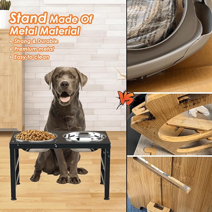 ADENGL Metal Raised Dog Bowl, 10" Tall Elevate Dog Feeder Stand with 2 Stainless Steel 42oz Bowls & 16x24 Non-Slip Mat – Stronger Dogs Food & Water Bowl Stand (Black)