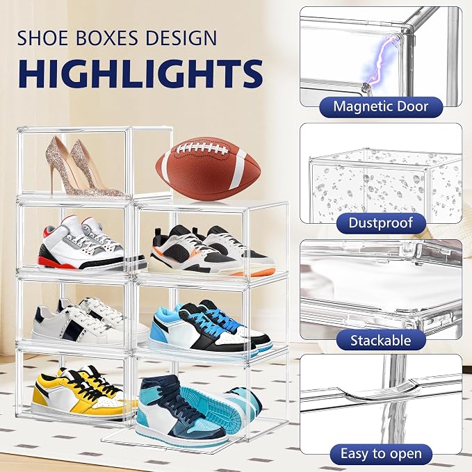 12 Pack Drop Front Shoe Boxes Acrylic Box Sneaker Case, Size 12 | Transparent Display Cases for Sneaker Collections, Baseball Caps, Hat Organizer Dust-free Shoe Cubbies