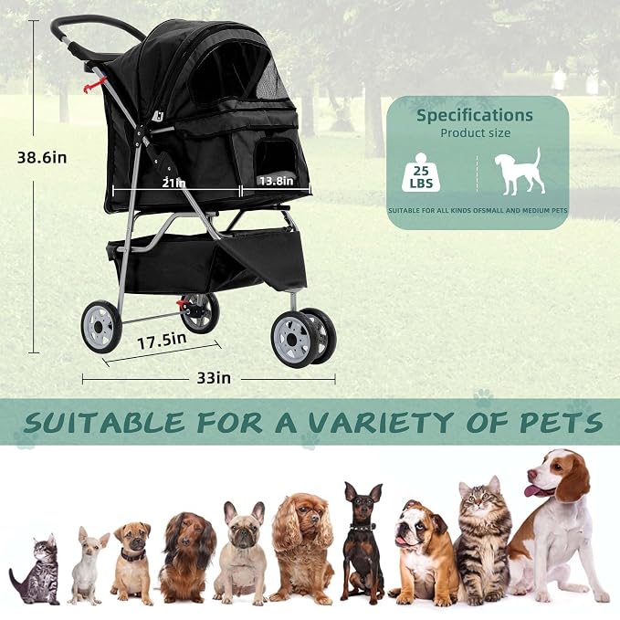 Dog Stroller with Storage Basket,3 Wheels Pet Stroller,Breathable Compact Portable Folding Carrier for Travel,Camping,Dog Carrier for Small Medium Dogs Or Cats,Lightweight Waterproof Pet Stroller
