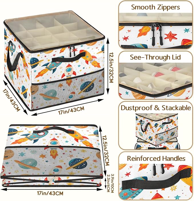 TropicalLife Outer Space Rocket Planets Shoe Organizer for Closet | Foldable Shoe Storage Box Bin 16-32 Pair Shoe Storage for Sneakers, Boots & Heels with Adjustable Dividers, Clear Cover